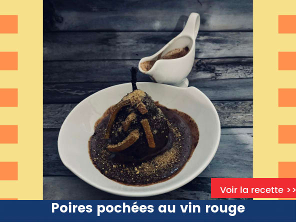 Poires pochées au vin rouge, épices d’hiver, sauce chocolat